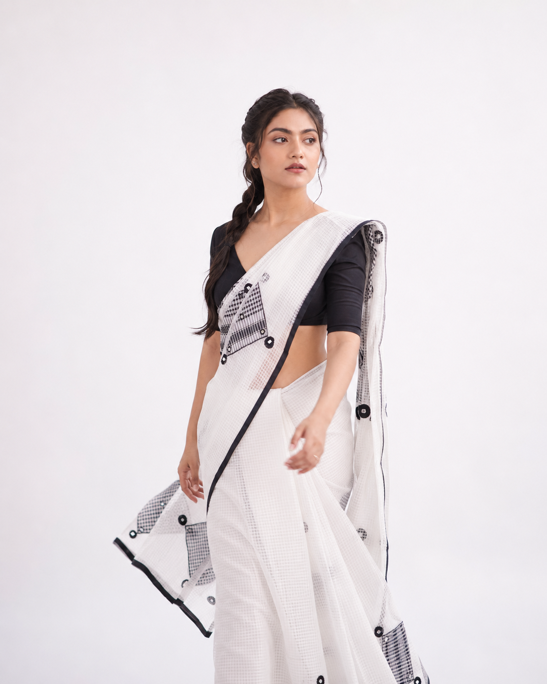 Sandra Resham Kota Gamcha Patchwork Saree In Black