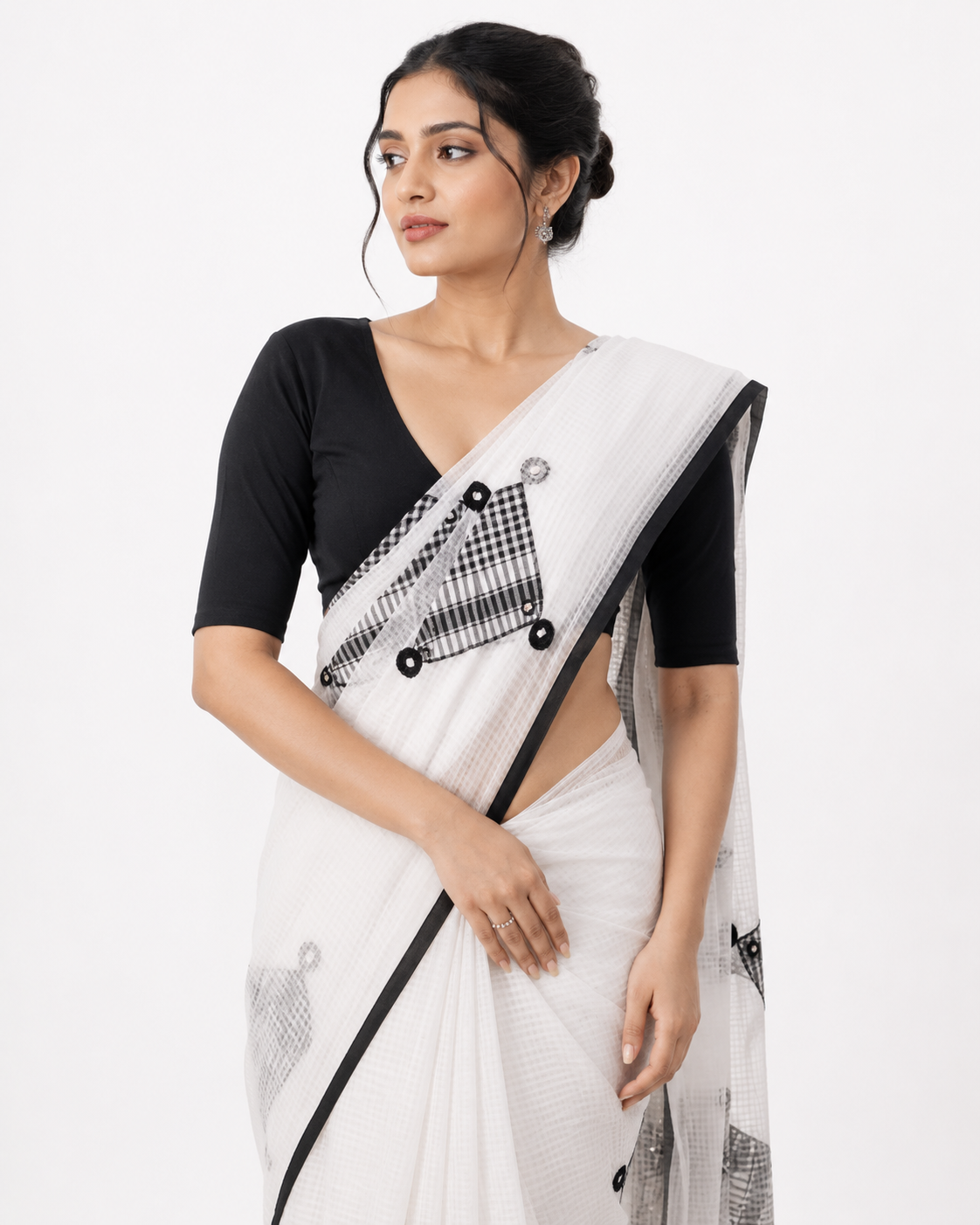 Sandra Resham Kota Gamcha Patchwork Saree In Black