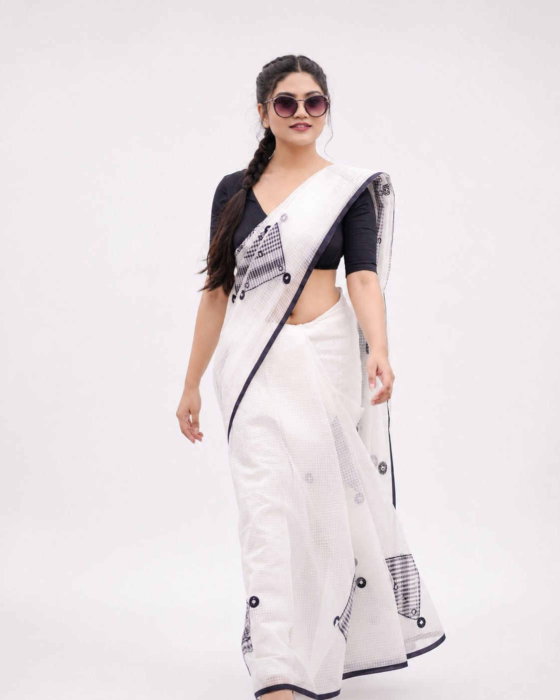 Sandra Resham Kota Gamcha Patchwork Saree In Black