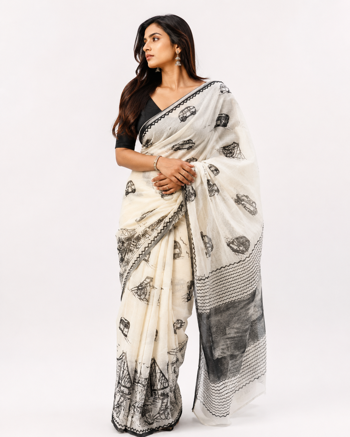Sohortoli Black And White South Cotton Saree