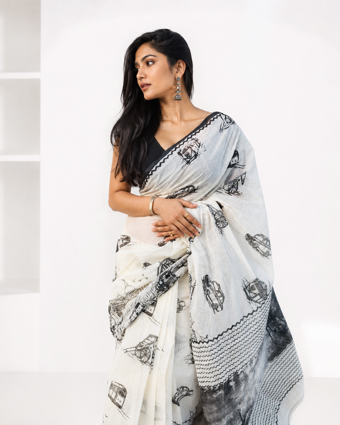 Sohortoli Black And White South Cotton Saree