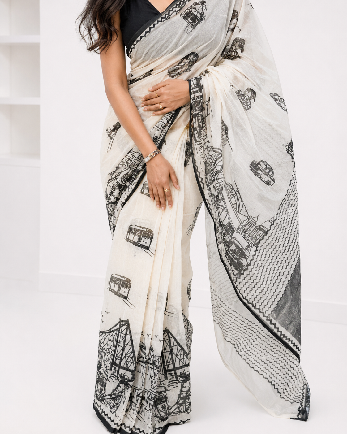 Sohortoli Black And White South Cotton Saree