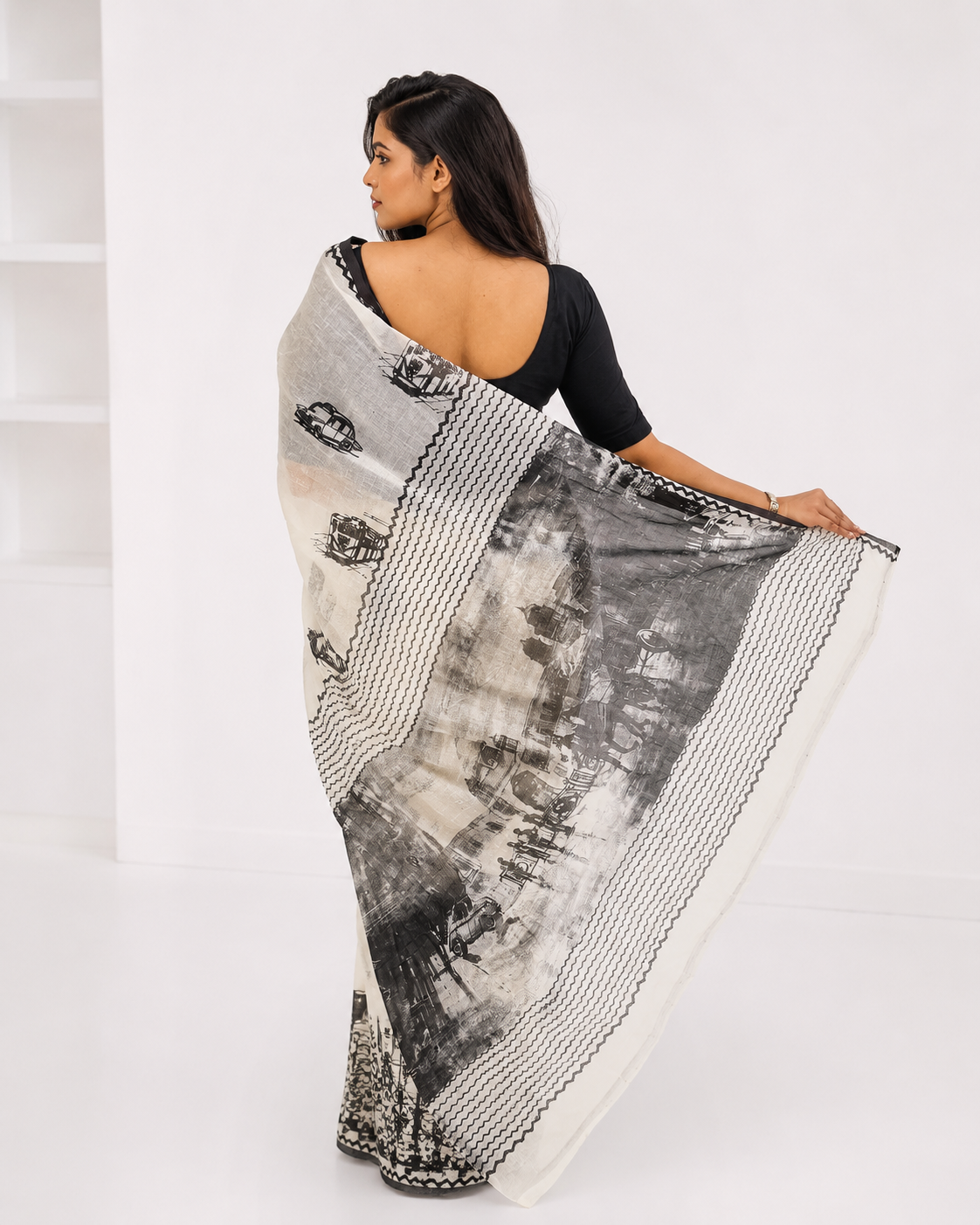 Sohortoli Black And White South Cotton Saree
